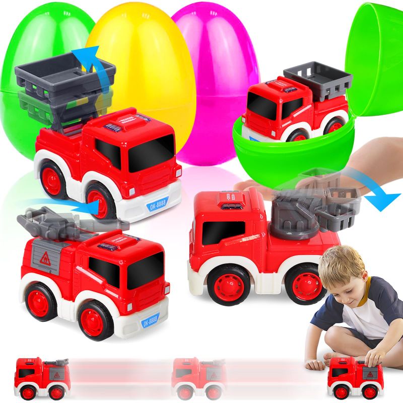 Photo 1 of 3 Pack 3.8" Jumbo Easter Eggs Filled with Construction Pull Back Cars, Easter Eggs with Toys Inside Pull Back Vehicles for Kids Boys Toddlers Easter Basket Stuffers Fillers Easter Hunt Party Favors