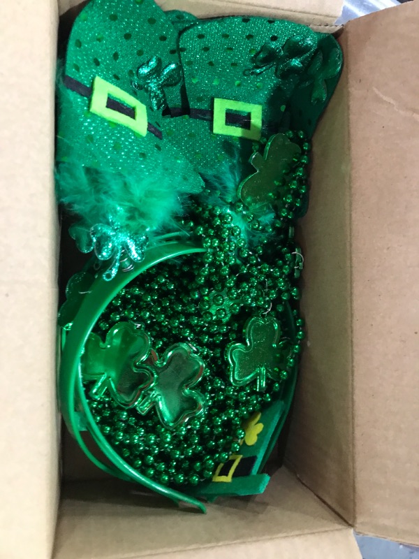 Photo 1 of 18 Pcs St. Patrick's Day Accessories Set Party Favors with 6 Shamrocks Beads Necklaces, 6 Green Hats Beaded Necklaces and 6 St. Patrick's Headbands Irish Beads Bulk Headpiece Party Supplies Decoration