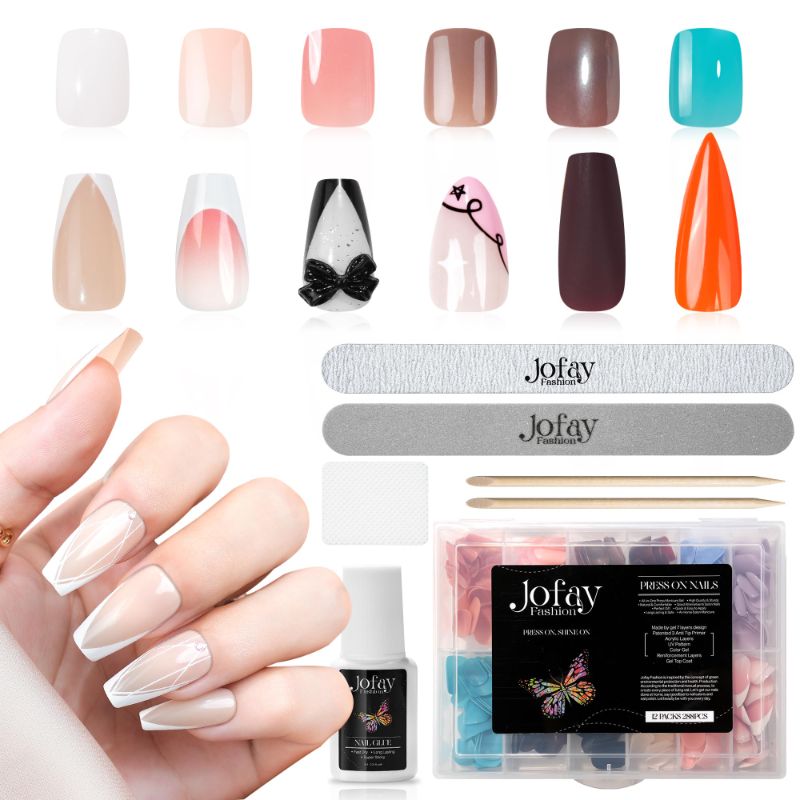 Photo 1 of 12Packs Press On Nails Kit - Acrylic Fake Nails, Short | French tips Medium nails, XL Artificial False Nails, Stick on nails,Reusable Glue on Nail for Women 12Size 288Pcs