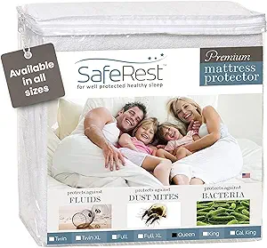 Photo 1 of SafeRest 100% Waterproof Queen Size Mattress Protector - Fitted with Stretchable Pockets - Machine Washable Cotton Mattress Cover for Bed 