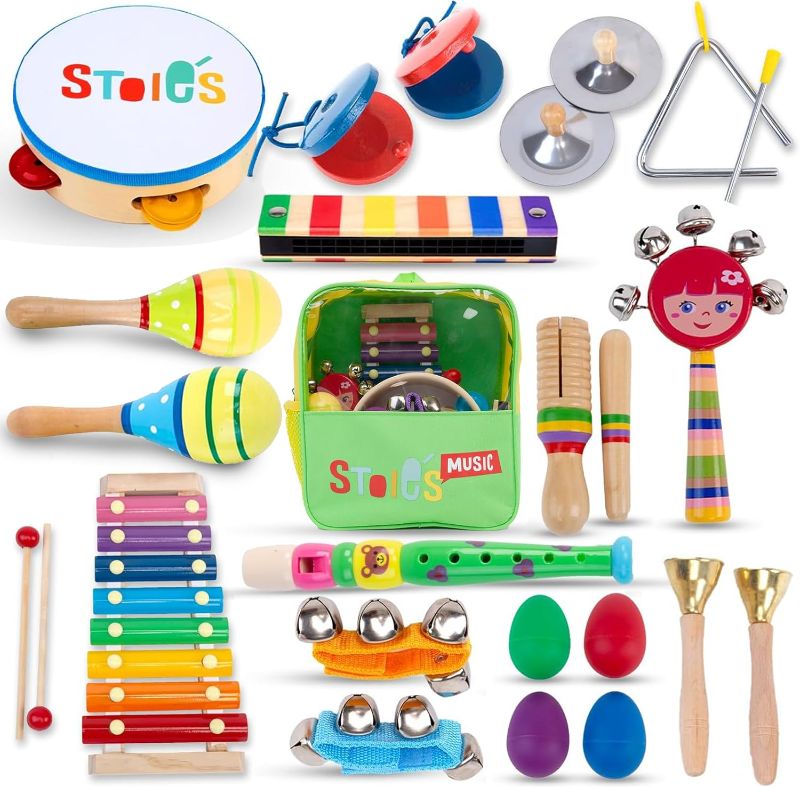 Photo 1 of STOIE'S 24 pcs Kids Musical Instruments Set Toddler Musical Instruments for Kids Music Toys Wooden Baby Instruments for Kids Ages 3-5 Montessori Toys 24 pcs Music Set