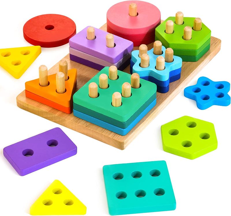 Photo 1 of HELLOWOOD Wooden Sorting & Stacking Toys, Montessori Toys for 1 2 3 Years Old Toddlers, Shape Sorter Puzzles with 24-Piece Large Geometric Blocks & 12 Word Cards, Gift for 12+ Months Baby Boys Girls Rainbow1