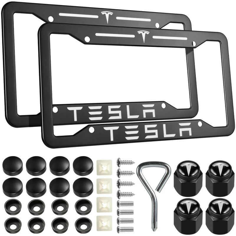 Photo 1 of 2PCS Black License Plate Frames for Tesla, Car License Plate Bracket Holder, Premium Aluminum Alloy Weather Proof License Plate Covers with Screw Caps, Front License Plate Car Accessories Fit Tes.la