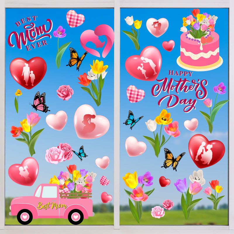 Photo 1 of Happy Mother's Day Window Clings,Mother’s Day Decorations 9 Sheets Pink Mother’s Day Window Stickers Best Mom Ever Removal Window Decals for Mother’s Day Supplies