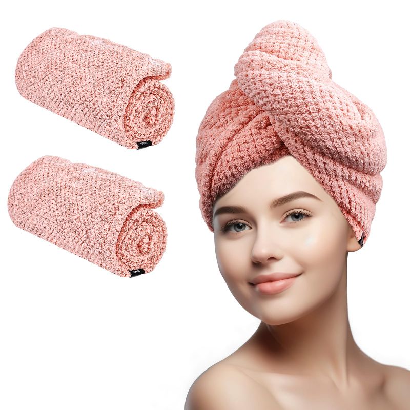 Photo 1 of Hair Towel Wrap for Women, Thickened Microfiber Hair Towel, Hair Drying Towel with Button, Excellent Drying Effect, Large 2pc (Pink)