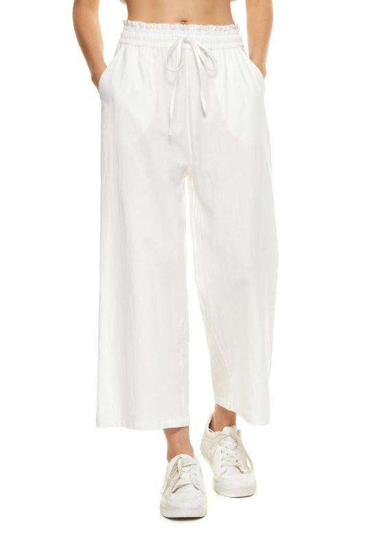 Photo 1 of LNX Womens Wide Leg Linen Pants High Waisted Drawstring 100% Linen Flowy Crop Trousers with Pockets Medium White