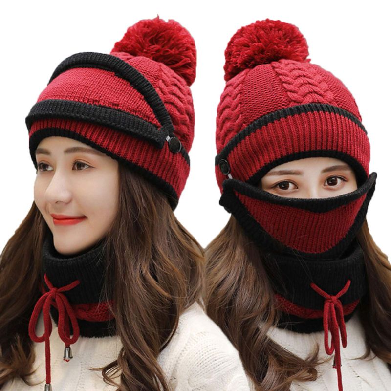 Photo 1 of Eseres 3Pcs Winter Hats for Women Scarf Mask Hat Set for Winter Warm Knitted Cap with Mask - Wine Red(burgundy)