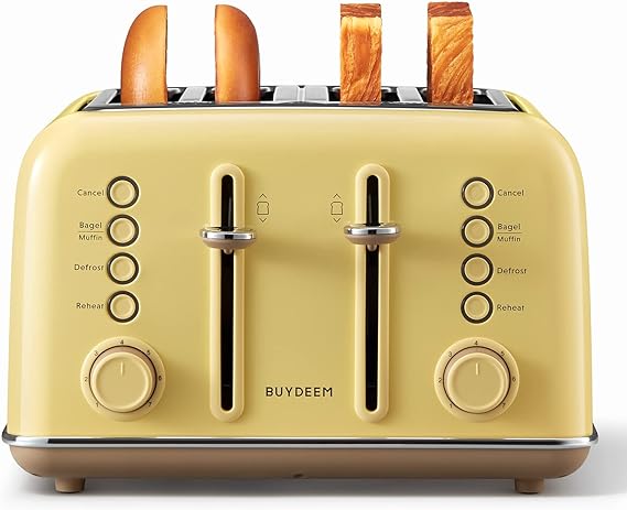 Photo 1 of BUYDEEM DT640 4-Slice Toaster, Extra Wide Slots, Retro Stainless Steel with High Lift Lever, Bagel and Muffin Function, Removal Crumb Tray, 7-Shade Settings,Mellow Yellow

