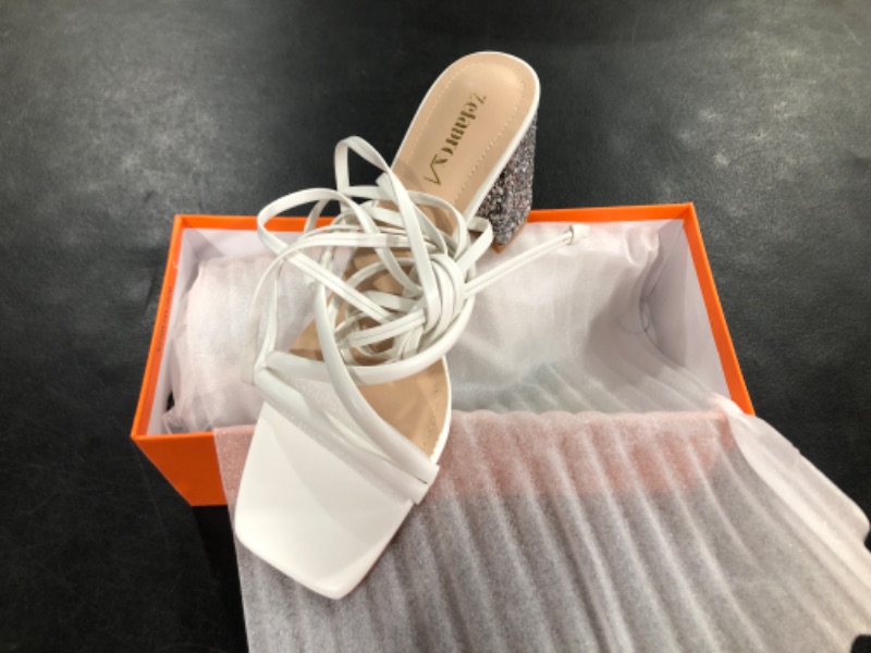 Photo 1 of Zelaprox Women's Strappy Lace up Heels Sandals Glitter Chunky Block Heeled Sandals Square Open Toe Tie Up Heels Summer Dress Wedding Prom Party Shoes 6 White