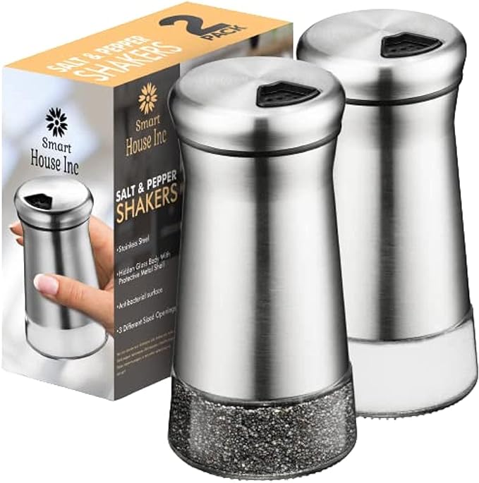 Photo 1 of The Original Salt and Pepper Shakers set - Silver- Spice Dispenser with Adjustable Pour Holes - Stainless Steel & Glass Set of 2 Bottles