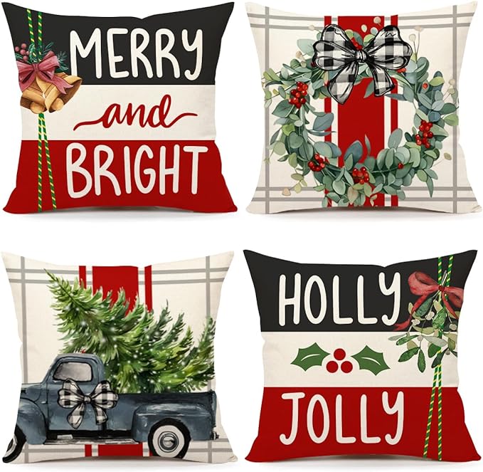 Photo 1 of 4TH Emotion Christmas Pillow Covers 18x18 Set of 4 Farmhouse Christmas Decorations Merry Bright Truck Holly Jolly Wreath Winter Holiday Decor Throw Cushion Case for Home Couch S23C02