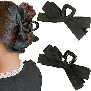 Photo 1 of Bacofa Large Bow Hair Claw Clips for Women Girls 4.3 Inch Silky Satin Bow Claw Clip Nonslip Strong Hold Hair Clamps Big Hair Barrettes with Bow-knot for Thick, Thin, Curly Hair ?Black-2pcs? 