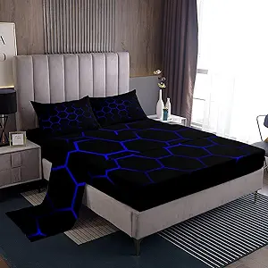 Photo 1 of Feelyou Boys Cartoon Honeycomb Bed Sheets Geometry Hexagon Sheet Set for Kids Teens Girls Colorful Grid Art Neon Decor Bed Set Blue Black Sheets Bedroom Collection 4Pcs Queen Size 