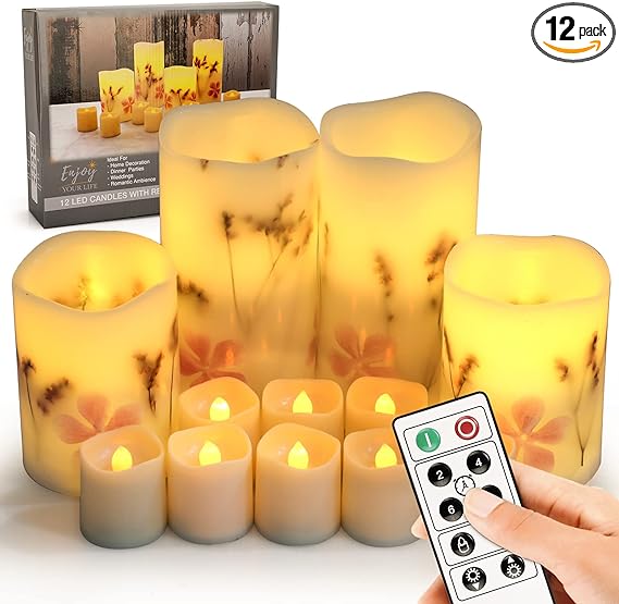 Photo 1 of TOFU Flickering Flameless Candles, Real Wax Battery Operated Candles Pack of 12, Embedded Dried Flowerled LED Candles with Remote & Cycling 24 Hours Timer, Electric Candles for Home Spring Room Decor