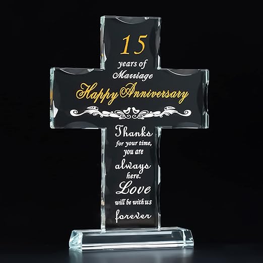Photo 1 of 15th Wedding Anniversary Religious Gifts for Parents, Laser Engraved Glass Standing Cross Keepsake for Couple 