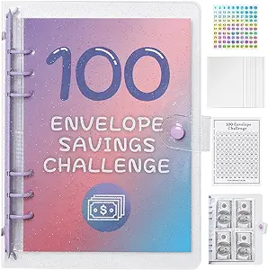 Photo 1 of 100 Envelope Money Savings Challenge Binder, Expense Budget Sheet for Budgeting and Saving Money, Budget Binder with Cash Envelopes, Easy and Fun Way to Save $5,050 (Blue)