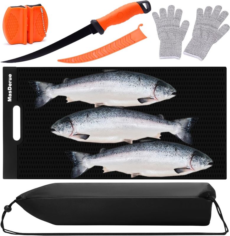 Photo 1 of Masderue Fish Fillet Mat 28"x14" 5 in 1 Fish Cleaning & Cutting Board with Storage Bag, 9 Inch Filet Knife, Gloves, Knife Sharpener for Easy Filleting Enduring & Portable 