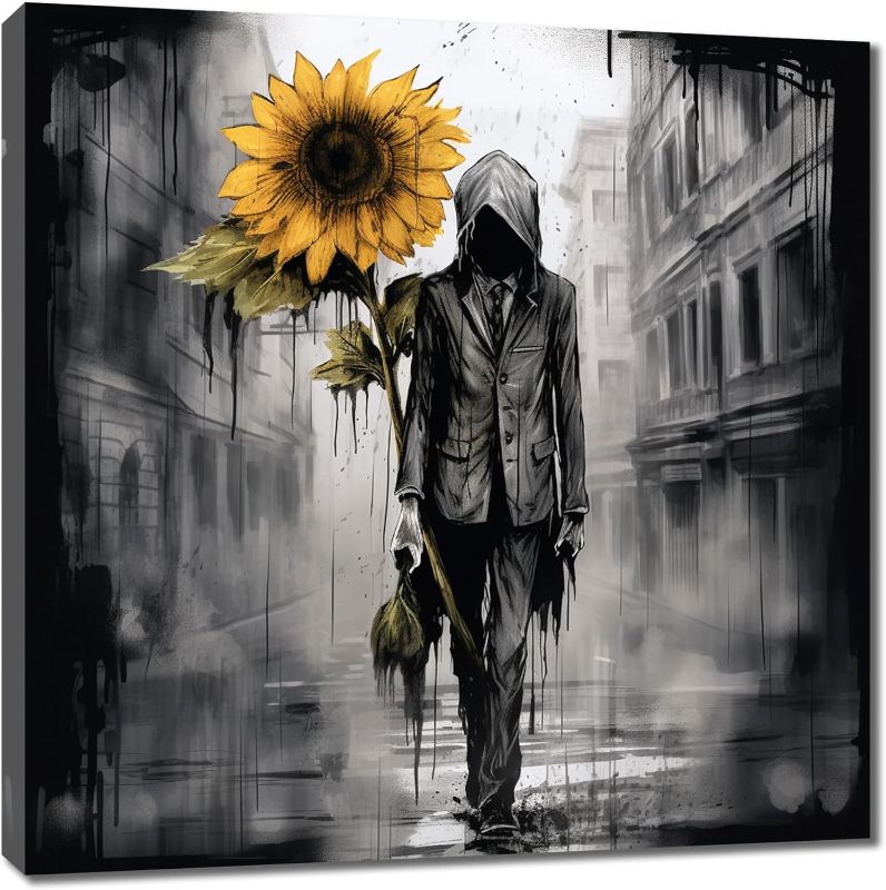 Photo 1 of Black Ghost Halloween Wall Decor - Big Yellow Sunflowers and Men in Black Framed Canvas Wall Art Painting Pciture for All Saints' Day Print Home Bedroom Living Room Decoration 12x12 inches Ready to 