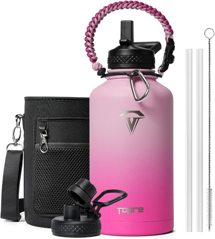 Photo 1 of Topre Half Gallon Water Bottle,64oz Insulated Water Bottle Stainless Steel Vacuum,Cold for 48 Hrs,BPA-Free & Leakproof -with Paracord Handle,Strap,Straw Spout Lids,Big Flask Jug for Gym Sports,Pink 