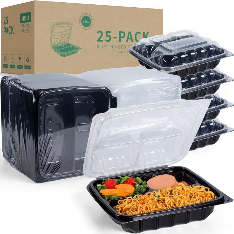 Photo 1 of YANGRUI To Go Containers, Anti-Fog Leak Proof Shrink Wrap 25 Pack 34 oz 8 Inch 3 Compartment Clamshell Take Out Containers BPA Free Pure PP Meterial Microwave Freezer Safe Meal Prep Container 