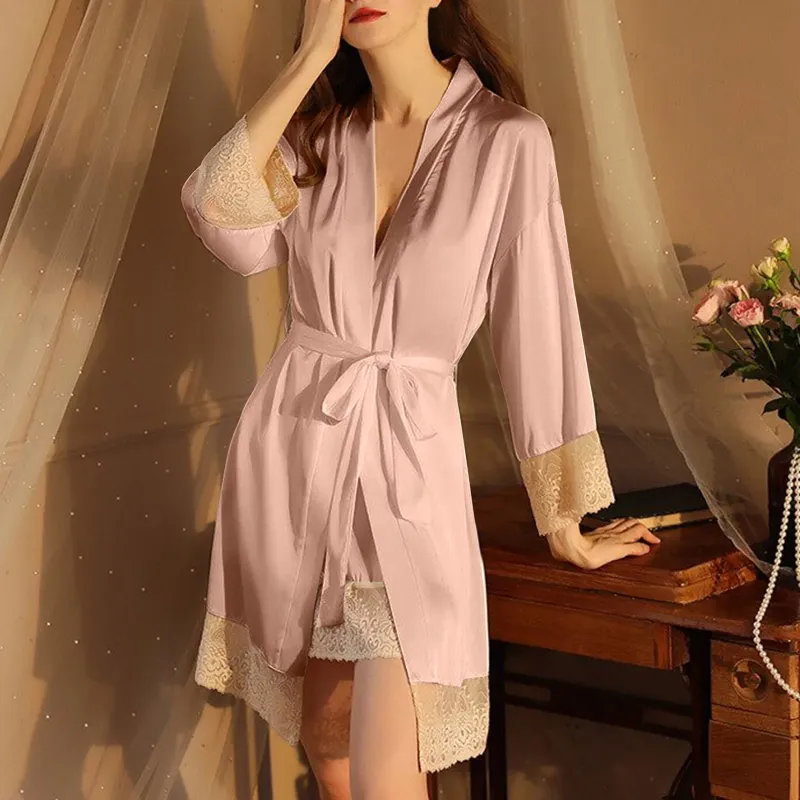 Photo 1 of Women's Satin Kimono Short Robe V Neck Wide Long Sleeve Self Waist Tie Sleepwear ( Pink )  M