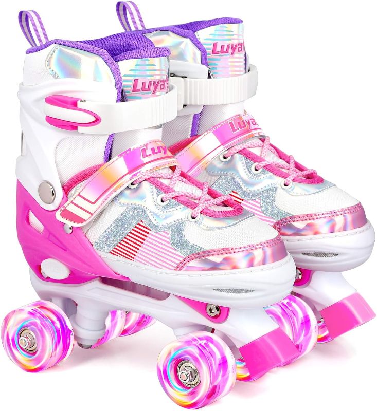 Photo 1 of Roller Skates for Girls Boys Adjustable, 4 Size Ages 6-12 & 3-5, Kids Roller Skates with Light Up 8 Shining Wheels, 3 Color Shining Roller Skates for Toddlers Boys Girls Beginners
