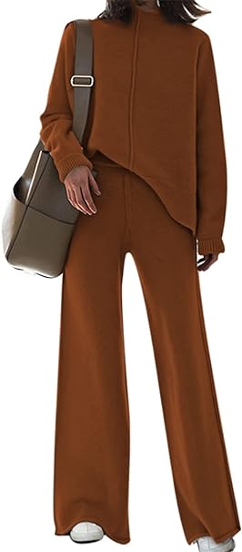 Photo 1 of AOHITE Womens 2 Piece Outfit Set Long Sleeve Knit Pullover Sweater Top and Wide Leg Pants Sweatsuit Medium A 