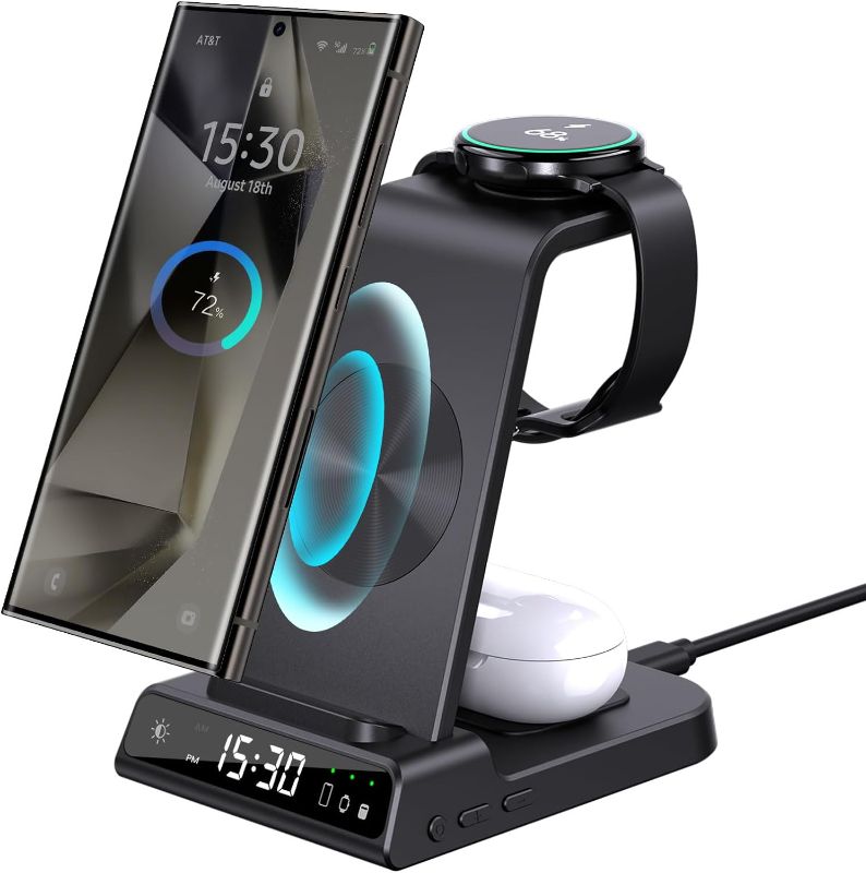 Photo 1 of Wireless Charger for Samsung Galaxy S24 Ultra, Charging Station with Clock for Samsung Galaxy S23 Ultra/S22/S21/Z Flip5/Note 20, Watch Charger for Samsung Galaxy Watch 6/5/5Pro/4/3/Active 2, Buds 2
