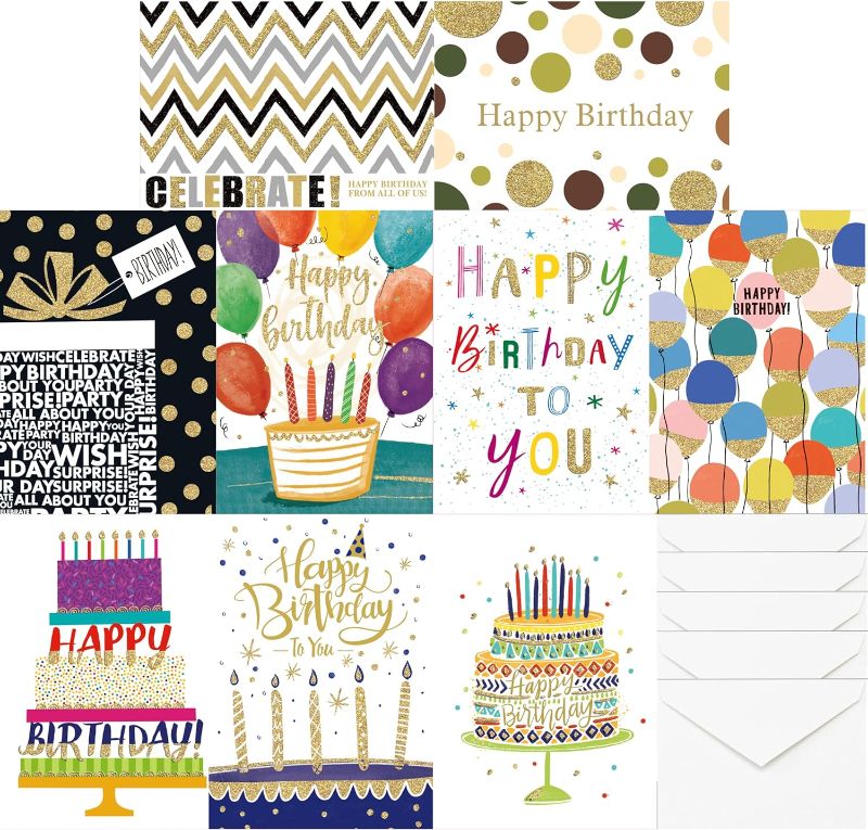 Photo 1 of Lilemawr 18 Unique Birthday Cards Assortment with Envelopes. For Women, Men, Kids. Large 7”x5”, Blank Inside. Adorned with Gold Glitter and Embossed Gold Foil. Individually Wrapped 