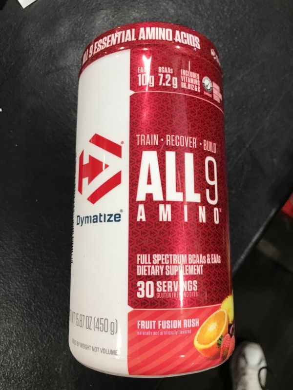 Photo 2 of Dymatize All9 Amino, 7.2g of BCAAs, 10g of Full Spectrum Essential Amino Acids Per Serving for Recovery and Muscle Protein Synthesis, Fruit Fusion Rush, 30 Servings, 15.87 Ounce---EXP 08/2024