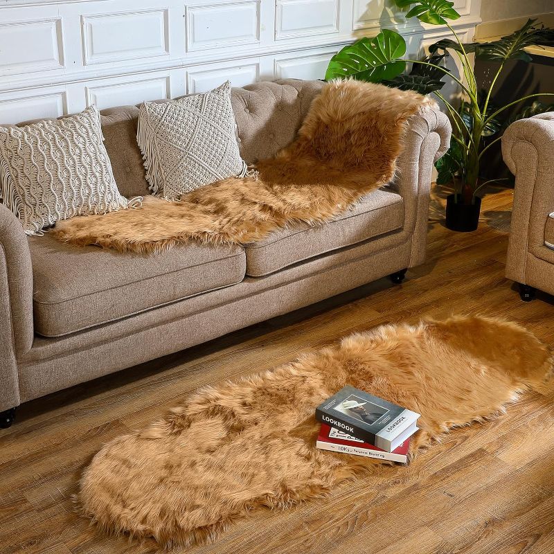 Photo 1 of Drydiet 2 Pcs Faux Fur Rug Area Rugs for Christmas Decor 2 x 6 ft Soft Area Rugs Sheepskin Fur Rug Carpet Fur Fluffy Plush for Living Room Bedroom Kids Room Chair Seat Cover (Beige) 