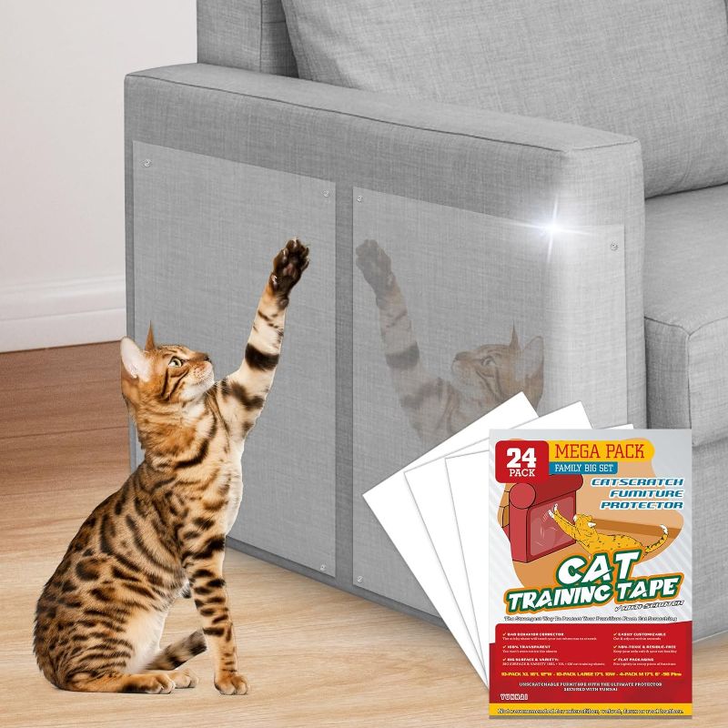 Photo 1 of Cat Scratch Furniture Protector - 24 Pack Couch Protector for Cats - Cat Scratch Deterrent Tape for Furniture - Cat Scratchers for Indoor Cats - Clear Cat Scratch Deterrent (24P+96 Pins) 