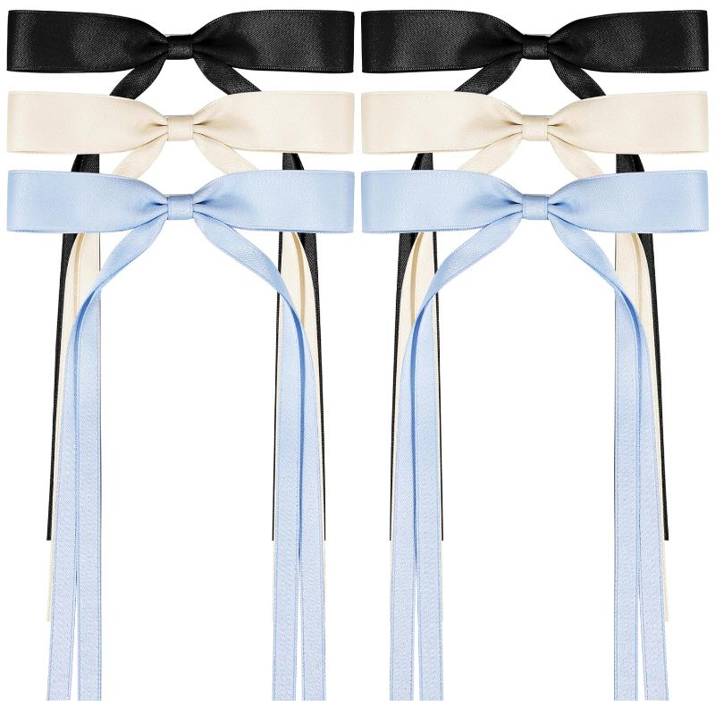 Photo 1 of 6 PCS Hair Bows for Women, Satin Hair Ribbon Hair Bows Metal Bow Hair Clips with Long Tail, Tassel Bowknot Hair Clips Hair Barrettes Hair Accessories for Women Girls Teens Kids 