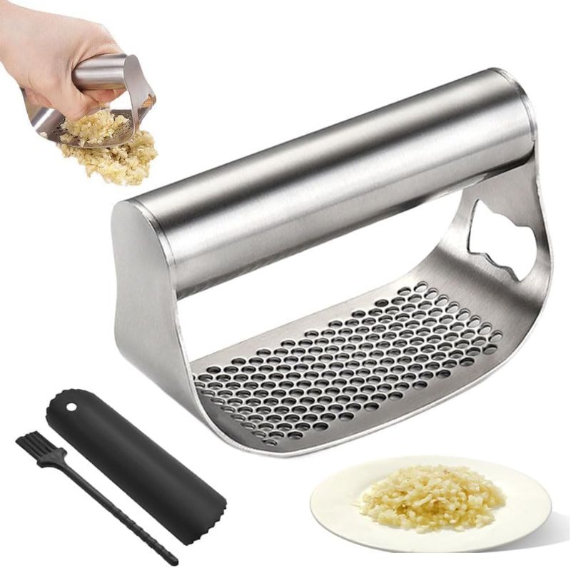 Photo 1 of 2024 New Stainless Steel Garlic Presser, Garlic Press Rocker Heavy Duty Garlic Mincer Garlic Crusher with Peeler Cleaning Brush, Comfortable Handle Garlic Chopper for Smash Garlic Kitchen Tools 