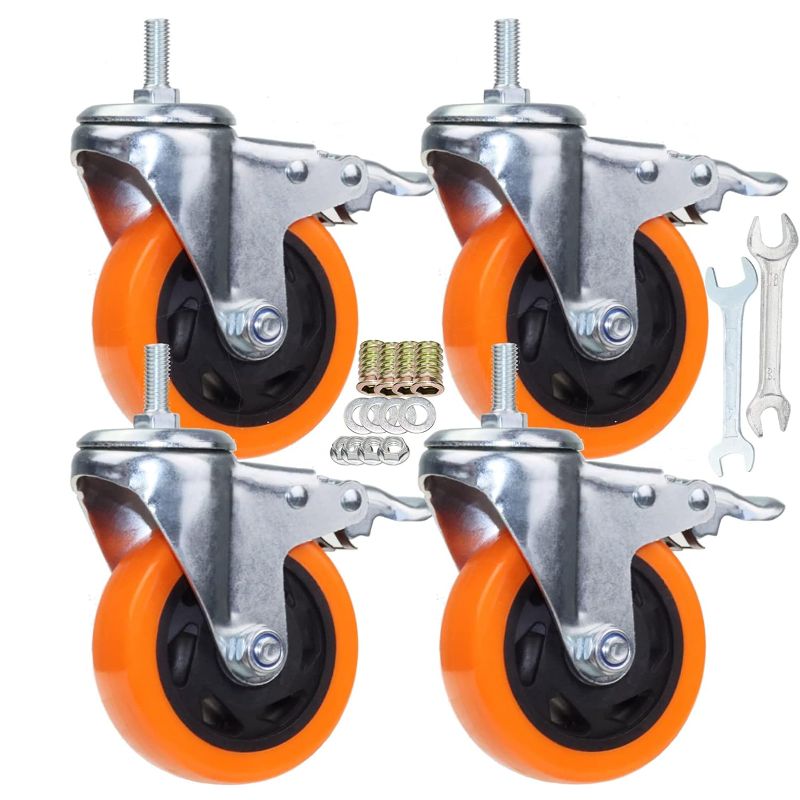 Photo 1 of Heavy Duty Stem Caster Wheels M10-1.5X25mm Dual Locking No Noise PVC Threaded Stem Caster Wheels Pack of 4 for Workbench, Dolly, Furniture (4 Inch, Orange)
