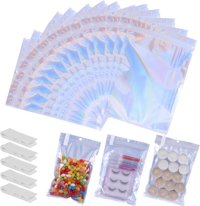 Photo 1 of 120 PCS-7x10 Reclosable Mylar Bags for Food Storage, Resealable Holographic Bags with Clear Window for Small Businesses, Smell Proof Aluminum Foil Ziplock Edible Packaging Bag for Candies.
