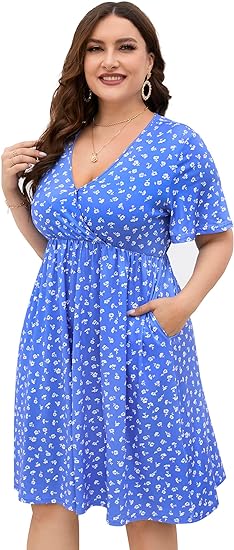 Photo 1 of [Size 3XL] KOJOOIN Plus Size Summer Dress Women's V Neck Short Sleeve A Line Flowy Midi Dresses Plus Size Floral Party Dress