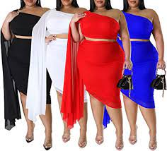 Photo 1 of [Size 3XL] IyMoo Women's Sexy Plus Size Summer Outfits Bodycon Cape Sleeve Crop Top Ruched Midi Skirt 2 Piece Dress White