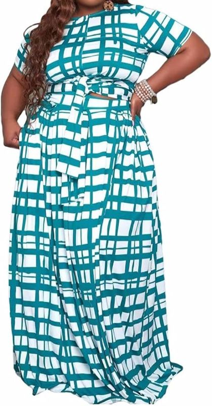 Photo 1 of [Size 4XL] IyMoo Womens Plus Size 2 Piece Outfits Long Sleeve Bandage Wrap Crop Tops and Skirt Sets Stripe Color Blue