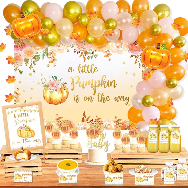 Photo 1 of 170 PCs Little Pumpkin Baby Shower Decorations, Hombae Thanksgiving Rustic Fall Baby Shower Little Pumpkin Is On The Way Backdrop Balloon Garland Maple Leaf Banner Tablecloth Box Cutout Cake Topper