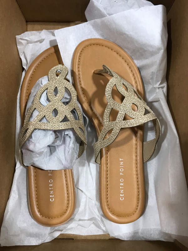 Photo 2 of [Size 7.5] CentroPoint Women's Rhinestone Flat Sandals Gladiator Slip On Summer Slides Fashion T-strap Thong Flip Flops 7.5 Gold Glt