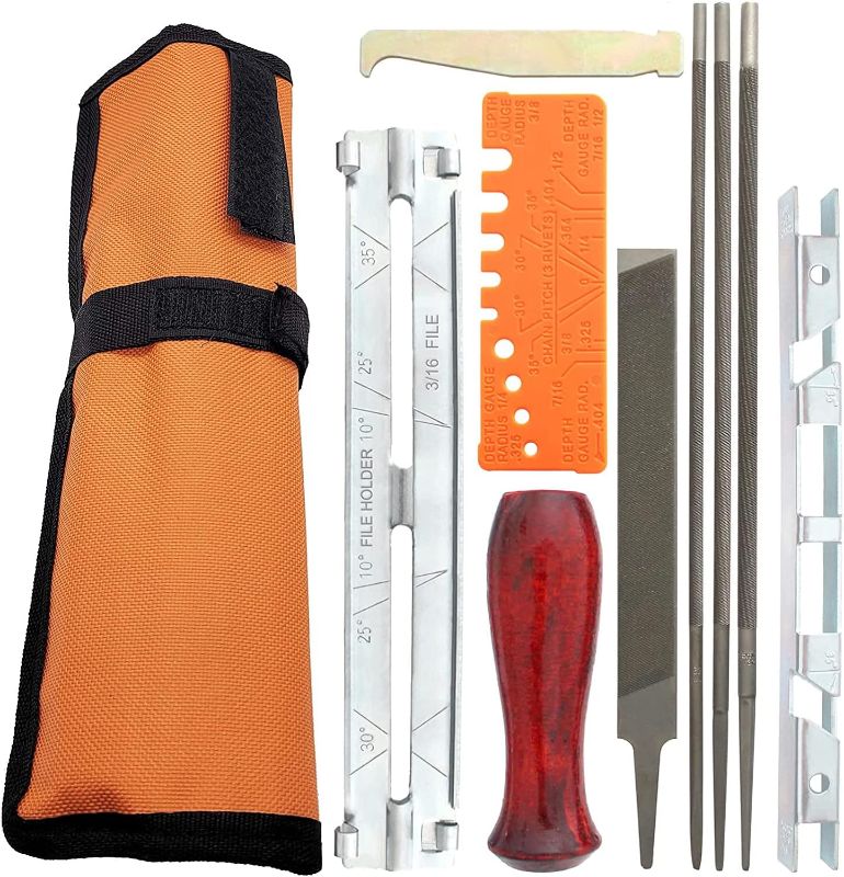 Photo 1 of Powswopx Chainsaw Sharpener File Kit, 5/32, 3/16, and 7/32 Inch Files, Wood Handle, Depth Gauge, File Guide, Quick Check Gauge, Cleaner, Handle for Sharpening and Filing Chainsaws Metal File Rasp Set