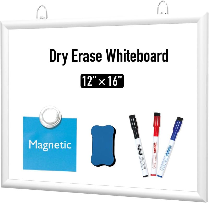 Photo 1 of DumanAsen Small Dry Erase Board, 12" x 16" Wood Frame Magnetic Whiteboard for Wall, Portable Whiteboard for Home,Office, Includes 3 Markers, Eraser and Hanging Hardware