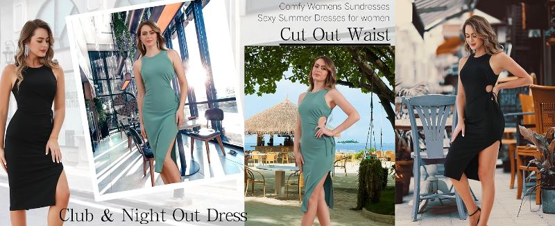 Photo 1 of [Size M] Aphratti Womens Bodycon Ribbed Slit Side Cut Out Tank Dress 2023 Sexy Summer Casual Sleeveless Crew Neck Midi Sun Dress- Mint