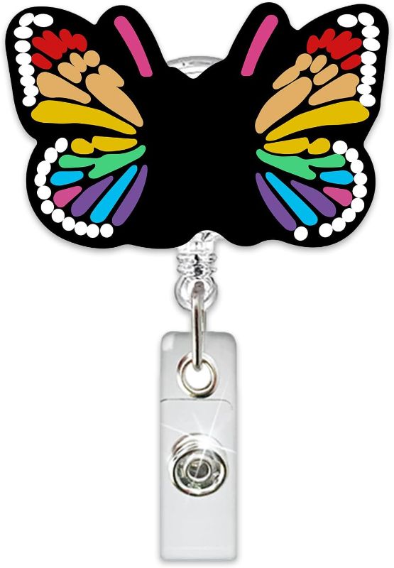 Photo 1 of Spring Beautiful Butterfly Nurse Badge Reel Retractable Glitter Cute Colour Name Tag Acrylic Alligator Clip Spring Badge Clip ID Badge Holder for Nurse Work Teacher RN Student Cop Office Doctor Staff 