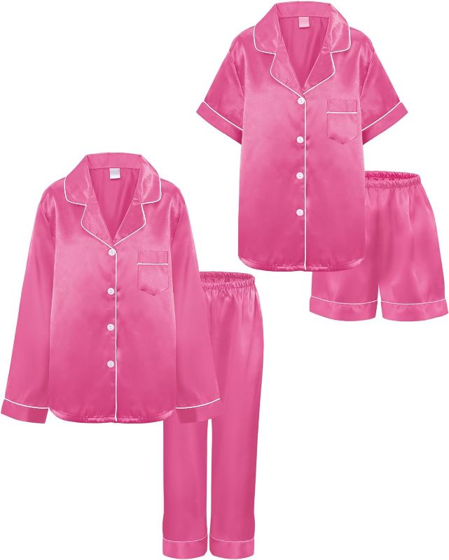 Photo 1 of [Size 12-13yrs] Glitopper 4 Pcs Youth Satin Pajama Set Button Down Satin Sleepwear Includes Short and Long Sleeve Top, Shorts and Long Pants