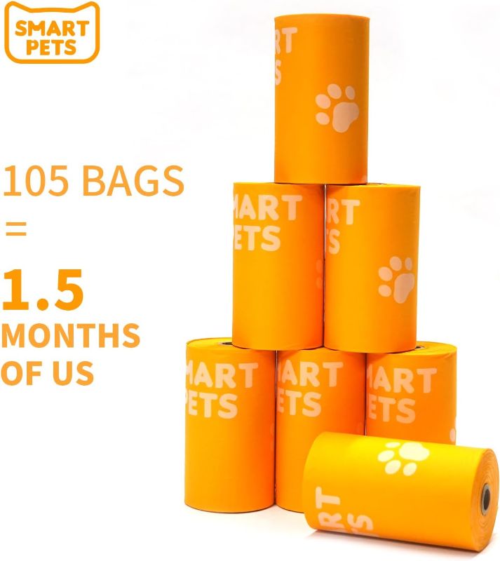 Photo 1 of 100% Certified Home Compostable Dog Poop Bags - EN 13432 Compliant Dog Waste Bags -105 Bags- 7 x Rolls of Plant Based Compostable Poop Bags -Includes A Dispenser-Thick Doggie Poop Bags?Orange?
