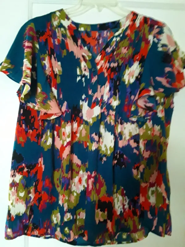 Photo 1 of [Size M] SHEWIN Womens Casual V Neck Boho Floral Blouses Ruffle Short Sleeve Shirts Pleated Flowy Tunic Tops