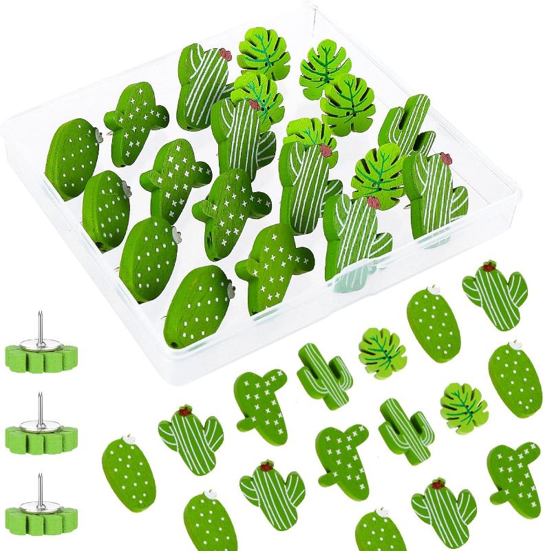 Photo 1 of 30 Pcs Cactus Push Pins, Cork Board Pins Cute Push Pins for Corkboard, Wooden Push Pins Cactus Decorative Push Pins Cute Leaf and Assorted for Bulletin Boards, Photo Wall Charts, Office Supplies