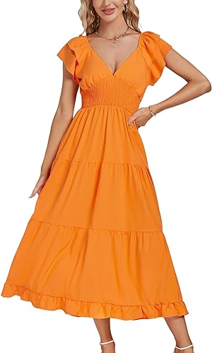 Photo 1 of [Size M] LYANER Women’s V Neck Shirred Waist Layered Ruffle Sleeve Swing Flowy A-Line Maxi Dress 